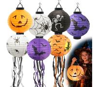 Herbst Lot de 7 lanternes d'Halloween - Diamètre : 20 cm - Ronds - Chauve-souris - Araignées - Squelette - Sorcière - Citrouille - Lanterne en papier pliable - Décoration d'Halloween - Avec pompons