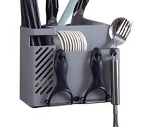 HERCHR Porte-ustensiles mural, support à ustensiles de cuisine, organisateur de rangement suspendu, égouttoir à couverts, panier à couverts pour vaisselle cuillère fourchettes(Gris)