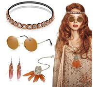 Herdear 4 Pcs Set de Costume Hippie pour Femmes, Accessoire de Déguisement 60s 70s Inclure Lunettes de Soleil Rondes Vintage, Bandeau en Cristal Boho Collier Long Plume Boucles d'Oreilles (Rétro)