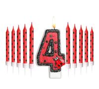 Herdear Bannières et Bougies de Gâteau d'Anniversaire Coccinelle Numéro 4 à Pois Rouges Noirs pour Cupcake et Baby Shower