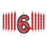 Herdear Bougie de gâteau d'anniversaire en forme de coccinelle en chiffre 6 - Décorations d'anniversaire noires et rouges à pois - Coccinelles - Bougies