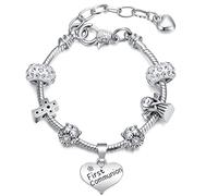 Herdear Bracelet à Breloques Holy Communion Bracelet de Première Communion Cadeau de Gravé Personnalisé avec Pendentif à Paillettes pour Filles (Style Charmant)