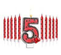 Herdear Cigale Thème Bougie gâteau d'anniversaire Chiffre 5 Décoration Noir et rouge à pois Fête prénatale