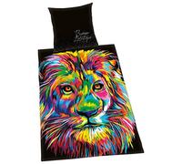 Herding BUREAU ARTISTIQUE Parure de Lit Lion, Réversible, Housse de Couette 135 x 200 cm, Taie d'Oreiller 80 x 80 cm, Coton/Satin