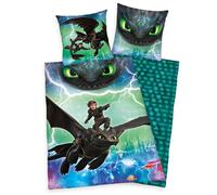 Herding DREAMWORKS DRAGONS Parure de Lit Réversible, Housse de Couette 135 x 200 cm, Taie d'Oreiller 80 x 80 cm, Coton/Renforcé