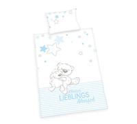Herding Parure de Lit Biologique Baby Best, Certifié GOTS, Motif Lieblingsmensch, Taie Oreiller à Ouverture Portefeuille 40 x 60 cm, Housse de Couette à Boutons 100 x 135 cm, Coton/Flanelle, Bleu