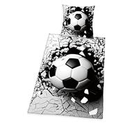 Herding Parure de Lit Effet 3D, Football, Réversible, Taie d'Oreiller 80 x 80 cm, Housse de Couette 135 x 200 cm, Avec Fermeture Éclair Facile, 100% Coton/Renforcé, Gris/Blanc