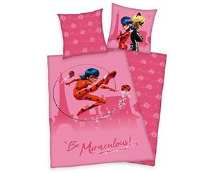 Herding Parure de Lit Miraculous, Réversible, Taie d'Oreiller 80 x 80 cm, Housse de Couette 135 x 200 cm, Avec Fermeture Éclair Facile, Coton/Renforcé