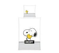Herding Parure de Lit Peanuts, Snoopy, Taie d'oreiller 80 x 80 cm avec motif réversible, housse de couette 135 x 200 cm, Avec fermeture éclair, 100% coton/renforcé, Blanc/Gris