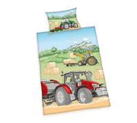 Herding Parure de Lit Tracteur, Made in Green by Oeko TEX, Taie de Coussin env. 40 x 60 cm, Housse de Couette env. 135 x 100 cm, avec Fermeture à Boutons, 100% Blanc/Beige