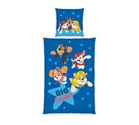 Herding Paw Patrol Linge de lit, Motif réversible, 80 x 80 cm + 135 x 200 cm, avec Patte de Boutonnage, 100% Coton, Bleu
