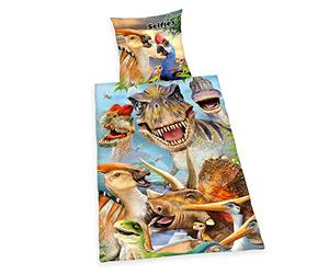 Herding Selfies Dinosaures Parure de Lit Réversible, Coton/Renforcé, Multicolore, 80 x 80 cm/ 135 x 200 cm