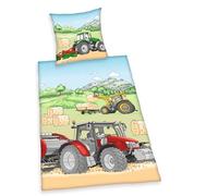 Herding Young Collection Ensemble de literie en Flanelle, Tracteur, taie d'oreiller 70 x 90 cm, Housse de Couette 140 x 200 cm, avec Patte de Boutonnage, 100% Coton/Flanelle