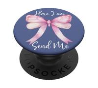 Here I Am Send Me Women Lord Send Me Christian Pink Bow Blue PopSockets PopGrip Adhésif