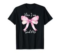 Here I Am Send Me Women Lord Send Me Christian Pink Bow Blue T-Shirt