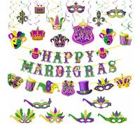 HEREER Ensemble de décorations de Mardi Gras Bannière HAPPY MARDI GRAS Tourbillons Suspendus de Mardi Gras Masque de Mardi Gras Lunettes pour Carnaval de la Nouvelle-Orléans Anniversaire Mascarade Da