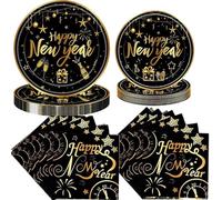 HEREER Lot de 72 pièces de vaisselle pour le Nouvel An, Assiettes en papier Noir Or avec Paillettes, Serviettes pour la décoration du réveillon du Nouvel An 2026