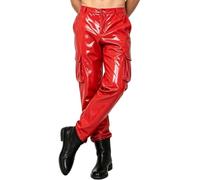 Heren Culotte Cuir Cargo Brillante Droite avec 4 Poches Jeans Biker Rocker Rouge XL