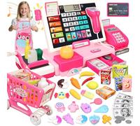 Herenear Caisse Enregistreuse pour Enfants - Inclut 52 Accessoires(Calculatrice, Scanner Son et LumièRe, POS, Chariot de Courses, etc.), Caisse Enregistreuse Jouet, Cadeau pour Garçon Fille de 3+ Ans