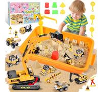 Herenear Sable pour enfants, chantiers de construction, valise avec pelleteuse à chenilles et 6 véhicules de chantier, jouet de sable sensoriel pour garçons et filles de 3 à 7 ans et plus