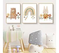 Herfair Lot de 3 tableaux muraux, arc-en-ciel, pour chambre d'enfant, chambre de bébé, ours, lapin, décoration bohème, pour chambre d'enfant, garçon et fille, sans cadre (40 x 50 cm)
