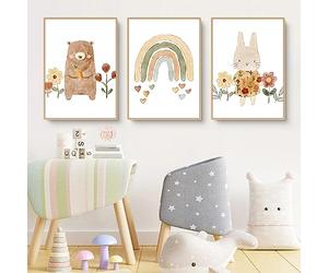 Herfair Lot de 3 tableaux muraux, arc-en-ciel, pour chambre d'enfant, chambre de bébé, ours, lapin, décoration bohème, pour chambre d'enfant, garçon et fille, sans cadre (40 x 50 cm)