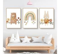 Herfair Lot de 3 tableaux muraux arc-en-ciel pour chambre d'enfant - Poster - Ours et lapin - Décoration bohème - Pour chambre d'enfant - Sans cadre (30 x 40 cm)