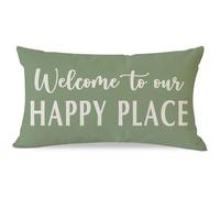 HERHOME Housse de Coussin décorative 30,5 x 50,8 cm Welcome to Our Happy Place, Vert Sauge, pour extérieur, Printemps, été, Ferme, Porche, terrasse, décoration Lombaire, décoration pour Salon, canapé