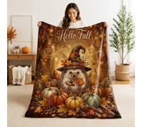 Hérisson, couverture fantaisiste de citrouilles d'automne - Couverture pelucheuse compacte décorative et esthétique pour canapé, lit, chaise, bureau - 101,6 x 152,4 cm