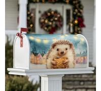 Hérisson - Housse magnétique de boîte aux lettres pour décoration de porche, biscuits en pain d'épices, guirlande lumineuse d'hiver, bleu, 53,3 x 64,9 cm