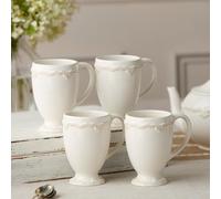 Heritage Scroll Lot de 4 tasses à pied classiques en grès avec motif de volutes sculptées - Élégantes tasses à thé ou à café pour un usage quotidien ou pour les divertissements
