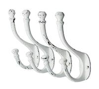 Heritage Select Lot de 4 crochets muraux vintage en fonte (finition blanc antique) - Rustique, ferme, shabby chic, campagnard français | Idéal pour manteaux, sacs, serviettes, chapeaux