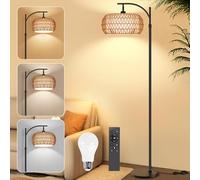 HERLLD Lampadaire sur Pied Salon avec Télécommande et Interrupteur à Pied, Lampadaire Rotin Boho à Arc avec Abat-jour Double, 3 Températures de Couleur, Ampoule E27 Fournie pour Salon Chambre Bureau