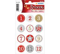 HERMA 15254 Lot de 24 autocollants ronds en forme de chiffres de 1 à 24, à paillettes, Ø 2 cm, autocollants de Noël avec motif étoiles, flocons de neige, chiffres adhésifs, chiffres adhésifs,