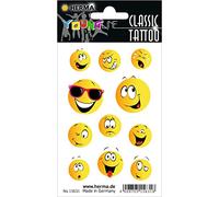 HERMA 15631 Lot de 11 tatouages temporaires Smiley, autocollants à coller, faux tatouages autocollants avec motif visage émoticône, autocollants pour anniversaire, carnaval, enfants, adultes