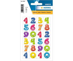 HERMA 15692 Chiffres autocollants de 0 à 9 en papier (20 x 20 mm) autocollants permanents avec visage amusant pour enfants, 48 étiquettes, multicolore