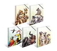Herma 19965 Lot de 10 porte-documents DIN A3 animaux exotiques en plastique solide avec rabats intérieurs imprimés, élastique à serrer, 10 dossiers à dessin pour enfants