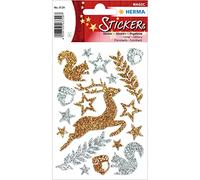 HERMA 3729 Autocollants de Noël, animaux de la forêt (17 autocollants, film, pailleté), autocollants décoratifs de Noël, étiquettes permanentes pour Noël, cadeaux, travaux manuels, calendrier de