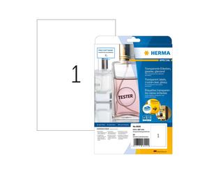 HERMA 8020 Étiquettes A4 Transparentes Laser, Adhésif Permanent Gloss, 21x29,7cm, 25 Feuilles, Résistant Intempéries