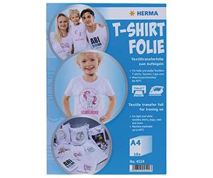 HERMA Lot de 10 feuilles de papier transfert pour textiles clairs, papier à repasser A4 à imprimer et thermocoller, film de transfert pour tissu blanc, film à repasser à personnaliser, film textile