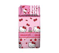 hermet Hello Kitty Parure de lit 1 Place, Drap Plat, Drap Plat, taie d'oreiller, Rose, 100% Coton, Produit Officiel