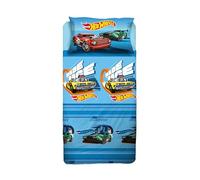 hermet Hotweels Parure de lit Simple pour Enfant, Drap Plat, taie d'oreiller, Bleu Clair, 100% Coton, Produit Officiel