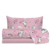 Hermet Jolly Parure de lit 1 Place Licorne 100% Coton, Drap Housse + Drap Housse + taie d'oreiller, lit Rose Chambre