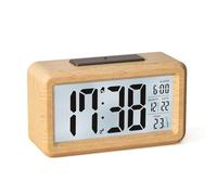 HERMIC Reveil Numerique, Reveil Matin a Piles en Bois avec Grand écran LCD, Horloge Numérique avec Rétroéclairage, Date, Température, Capteur de Lumière Automatique, Snooze (3 Piles AAA Incluses)