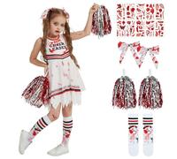 HERMORRYSS Costume Halloween Pom Pom Girl Zombie, Deguisement Zombie Fille, Pom Pom Girl Zombie, Deguisement Halloween Fille Zombie avec Pompoms, Costume d'Halloween, Carnaval, Cosplay (Blanc, 130)
