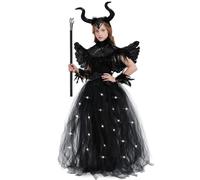 HERMORRYSS Costume Maleficent pour Filles, Robe de Halloween de La Méchante Reine avec Ailes, Sceptre et Accessoires, Sorcière Tulle Robe Set, Déguisement per Halloween Carnaval Cosplay (L)
