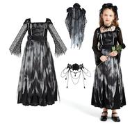HERMORRYSS Déguisement Mariée Halloween Filles, Halloween Mariée Fantôme Déguisement Fantôme Marié, Robe + Voile + Collier + Bouquet de Fleurs, Robe de Mariée Fantôme pour Carnaval (XL)
