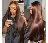 Hermosa Perruques de cheveux humains bruns avec dentelle frontale de 33 x 10,2 cm avec cheveux de bébé densité 180 HD raides avec dentelle frontale pré-épilée 4# perruque marron 61 cm