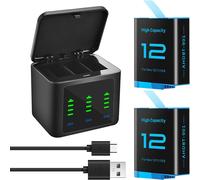 Hero12 Lot de 2 chargeurs de batterie 2580 mAh Batterie de rechange type C LED à trois canaux pour GoPro Hero 12 Hero 11 Hero 10 Hero 9 Noir (chargeur + 2 batteries)
