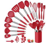 Herogo Lot de 25 ustensiles de cuisine en silicone avec support, résistant à la chaleur avec poignée en acier inoxydable pour ustensiles de cuisine antiadhésifs, spatule, brosse et fouet, rouge